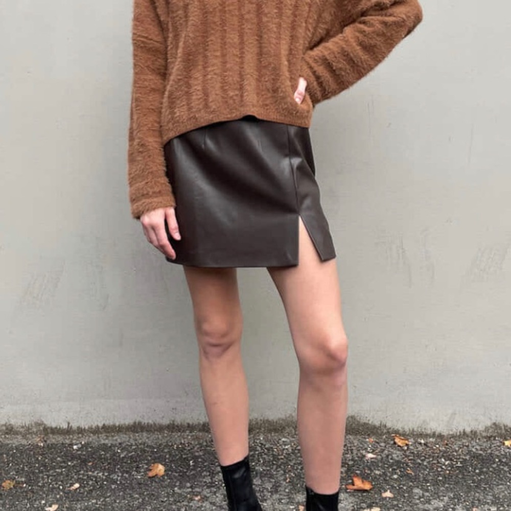 Vegan leather mini skirt with slit from Oak+Fort